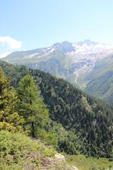 view of Glacier du Tour with mountain peaks around and a blue sky background