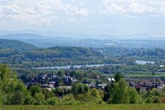 View of Tyniec, Vistula river bend, and A4 Highway from Wolski Forest in Kraków