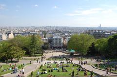 View of Paris from Montmartre with cityscape and Eiffel Tower in the distance