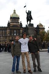 Czech Wikimedians posing with Free Travel-Shirt in St. Wenceslas Square, Prague