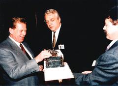 Václav Havel receiving a copy of St. Wenceslas equestrian statue in 1995