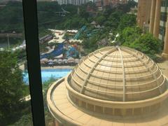 Sunway Pyramid Mall in Malaysia with a lion statue and modern architecture