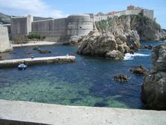 Close-up view of a rock with the city of Dubrovnik in the background