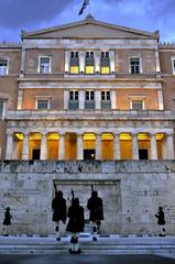 Soldiers standing guard at the Tomb of the Unknown Soldier in Athens