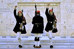 soldiers standing guard at the Tomb of the Unknown Soldier in Athens