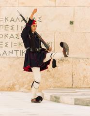 Evzone marching at the Tomb of the Unknown Soldier in Athens, Greece