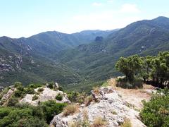 View from Ultrera Castle towards the Massane Valley and Massane Tower, Albères Massif, Pyrénées-Orientales