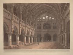 Interior view of the Svarga Vilas in Tirumala Nayak's Palace at Madurai with massive circular columns and pointed scalloped arches