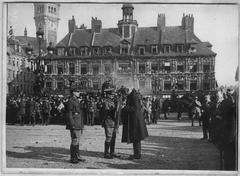 English troops entering Lille led by English general receiving flag from mayor