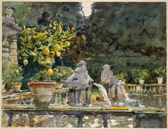 painting of a garden with a fountain by John Singer Sargent