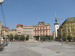 Náměstí Svobody Freedom Square in Brno on a sunny day with historic buildings and people walking