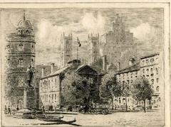 Etching of Place d'Youville and Place Royale in Montreal