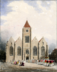 Lithograph titled 'Église DE ST. MAURICE' by Brun-Lavainne featuring a topographic and historical view of a church in Lille