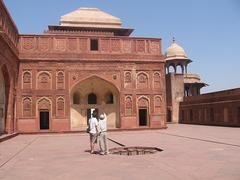 Fine carving on red stone at Agra Fort