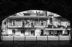 black and white street view in old town Catania, Sicily