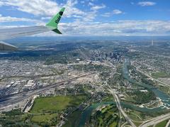 Downtown Calgary and Rocky Mountains from an airplane