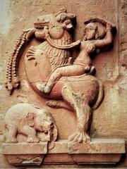 Rider on vyala and a defeated elephant at Mukteswar Mandir