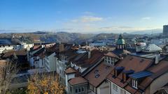 Rooftops of Fribourg with the Porte de Bourguillon on the cliff