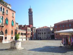 Campo Sant'Angelo square in San Marco sestiere of Venice with Campanile of Santo Stefano in the background