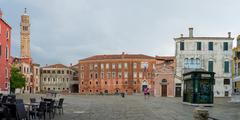 Campo San Angelo square with the San Stefano belltower at sunset in Venice