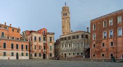 Campo San Angelo square with San Stefano belltower in Venice at sunset