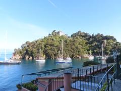 Panoramic view of Coppo promontory and Brown Castle in Portofino