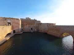 Aerial view of Brindisi Castle, also known as Castello Alfonsino, located on a small island in Brindisi, Italy