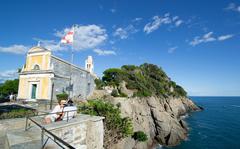 Portofino Chiesa di San Giorgio church with scenic background