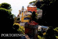 Aerial view of Portofino harbor with colorful buildings and boats