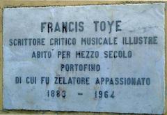 Francis Toye memorial plaque on a church wall in Portofino, Italy