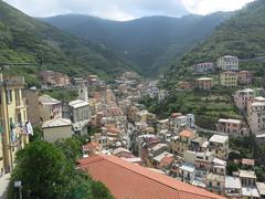 Church and valley of Riomaggiore in Liguria, Italy