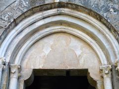 Entrance and fresco of San Nicolò di Capodimonte church in Camogli, Liguria, Italy