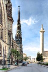 Bell Tower of Mt. Vernon Place United Methodist Church and George Washington Monument in Baltimore