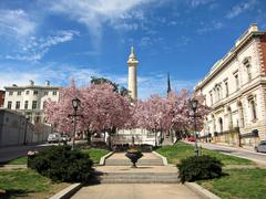 Mount Vernon Place north view with Washington Monument and Peabody Institute in Baltimore