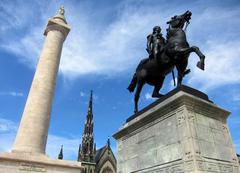 Washington Monument and Lafayette Monument at Mount Vernon Place in Baltimore