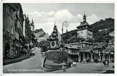 Historical image of Karlsbad's Marktbrunn and Stadtturm in 1939