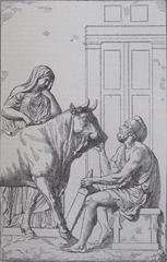 Black and white illustration of Daedalus and Pasiphae