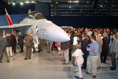 Crowd viewing EA-18G Growler aircraft at Boeing ceremony