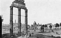 The Forum Romanum with three columns, painting by Giovanni Volpato