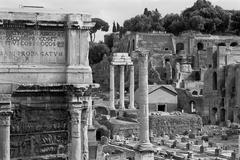 Roman Forum's west end with Palatine Hill in the background