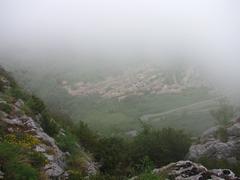 Village de Montségur in the mist, viewed from the pog