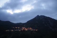 Montsegur village at dusk with lights