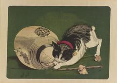 Ukiyo-e print of a cat and a lantern by Kobayashi Kiyochika