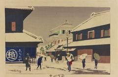 Ukiyo-e print depicting a snowy scene in Suruga-chō, 1879