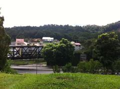 cast iron railway bridge with Bukit Timah Nature Reserve in the background