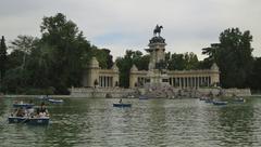 Retiro Park pond and Alfonso XII monument in Madrid