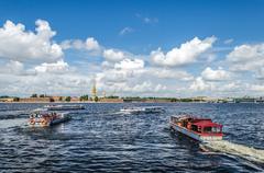 Boats on Big Neva river in Saint Petersburg