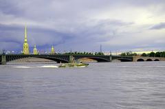 Parade of ships on the Neva during Navy Day 2020 in Saint Petersburg