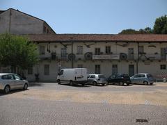 View of Alessandria in Piemonte, Italy with historical buildings and blue sky