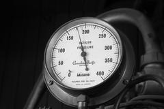 Old steam boiler pressure gauge on Canadian Pacific Railway 0-6-0 2018 locomotive